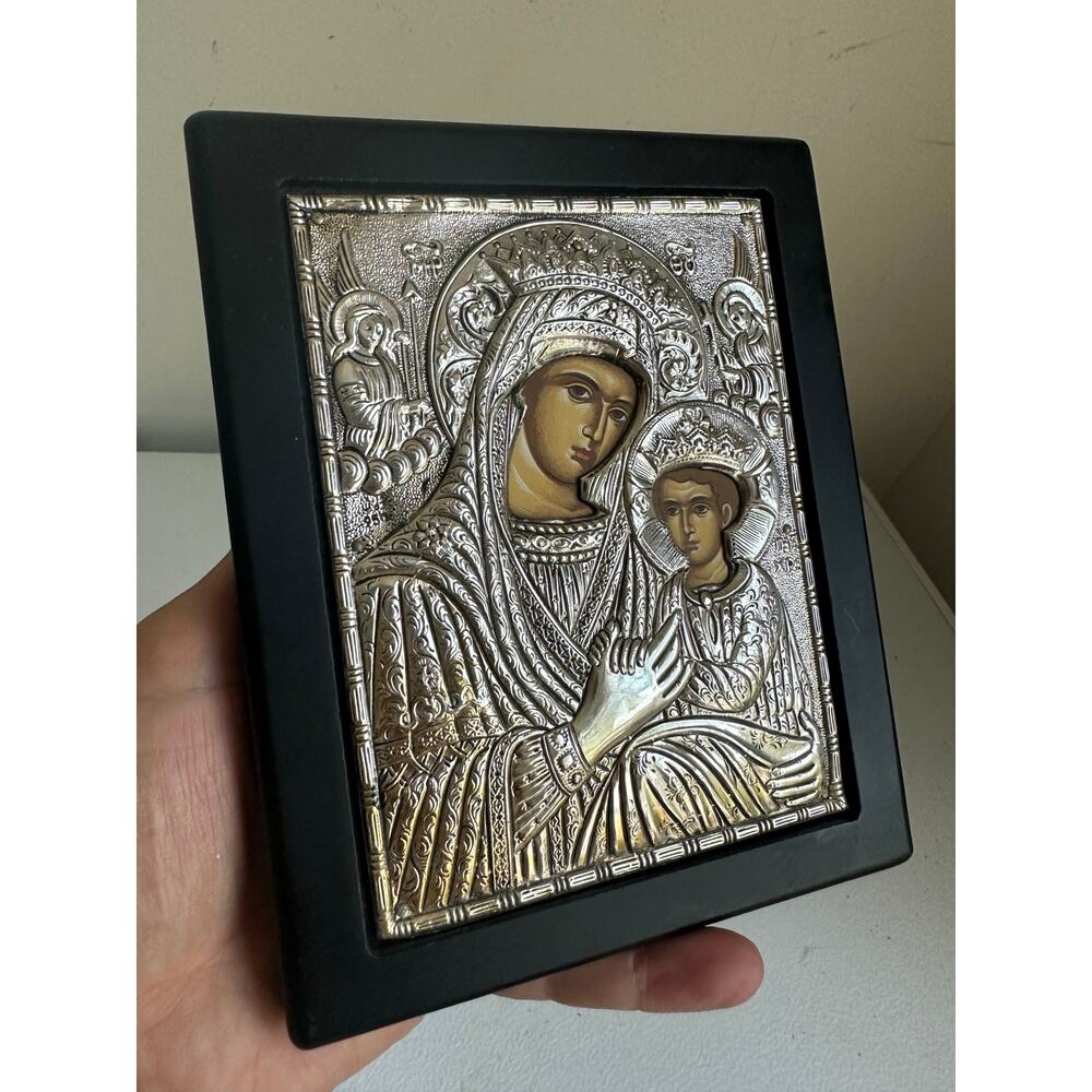 Byzantine Greek Orthodox 950 Pure Silver Icon Virgin Mary Child Jesus 6x5 - Picture 8 of 10